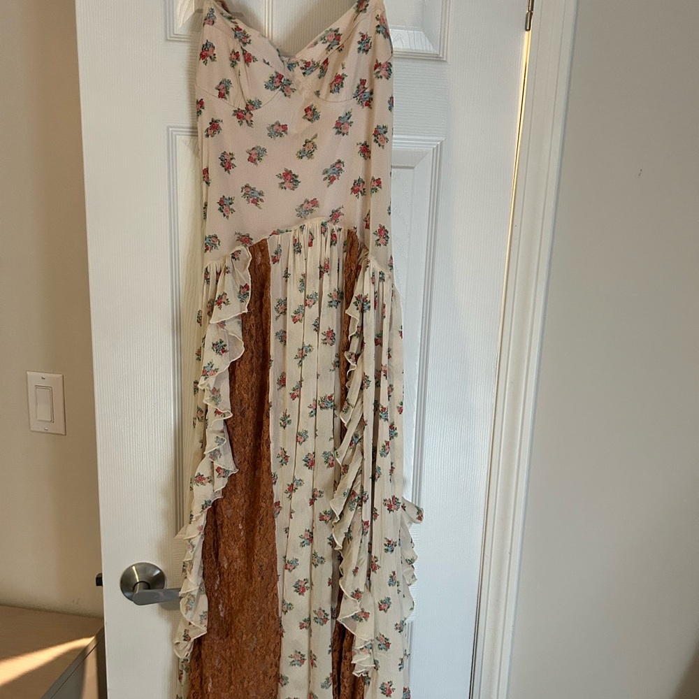 For Love & Lemons Cream Floral Maxi Dress with Rust Lace Panels